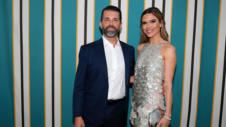 Donald Trump Jr. (pictured above at the 2025 amfAR Palm Beach Gala) shared a romantic glimpse at this island wedding to Bettina Anderson with an Instagram post.