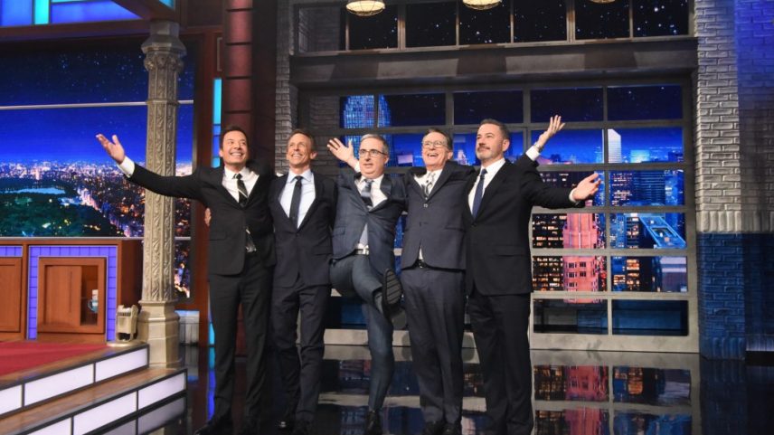 Late-night hosts Jimmy Fallon, Seth Meyers, John Oliver, Stephen Colbert, and Jimmy Kimmel on the set of The Late Show with Stephen Colbert.
