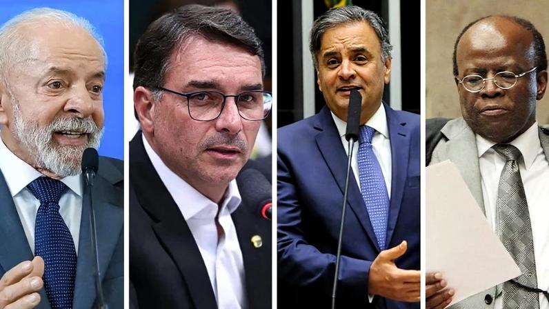 Lula (PT), Flávio Bolsonaro (PL), Aécio Neves (PSDB) e Joaquim Barbosa (DC). Fotos: Evaristo Sá/AFP, Leandro Lozada/AFP, Câmara dos Deputados e Carlos Humberto/SCO/STF