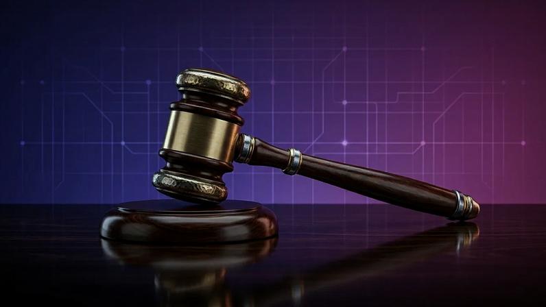 Gavel on dark surface with purple-magenta gradient representing crypto regulatory legislation