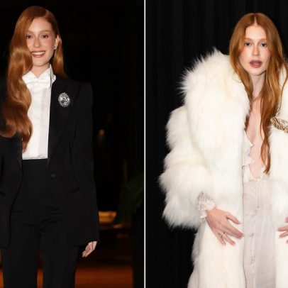 Marina Ruy Barbosa troca looks em evento entre smoking e casaco de pele