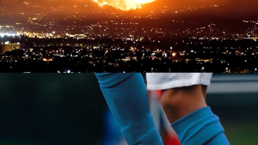 Two images: a wildfire, and a footballer's feet, legs and a football