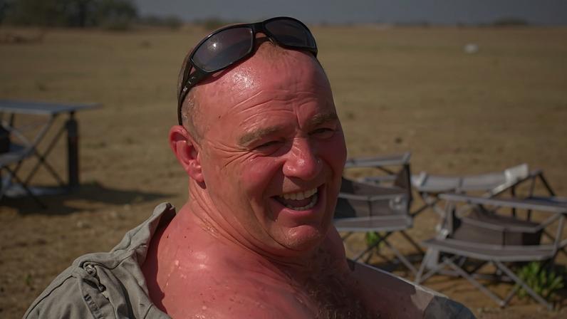A man is sat in a camping chair laughing. He is wearing sunglasses on top of his head, in the background is sand from the beach and legs of other beach-goers that are not fully in frame.