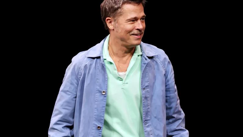 Collage of Brad Pitt wearing a light blue jacket and matching pants, and Pitt in a dark blue suit.