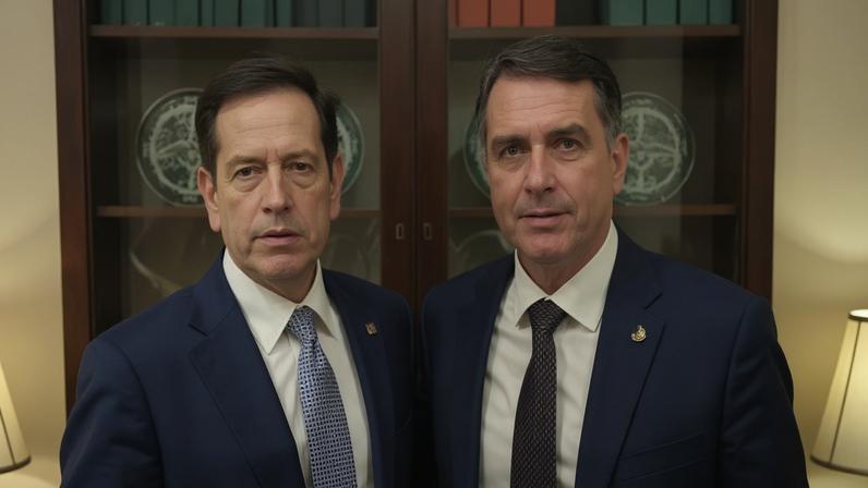 O senador Flávio Bolsonaro durante encontro com o secretário de Estado dos EUA, Marco Rubio, nesta quarta (27). (Foto: Divulgação/Paulo Figueiredo)