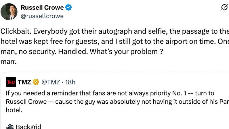 Russell Crowe comenta após confronto viral com fãs em hotel de Paris