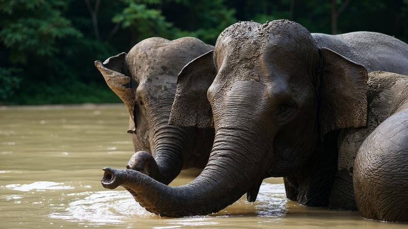 Sumatran elephants play in water.