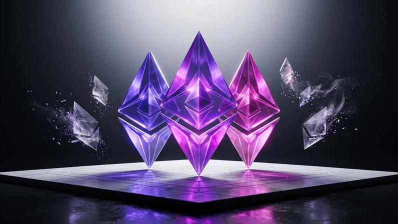 Three dominant crystal structures casting light over dissolving fragments representing Ethereum Layer 2 consolidation