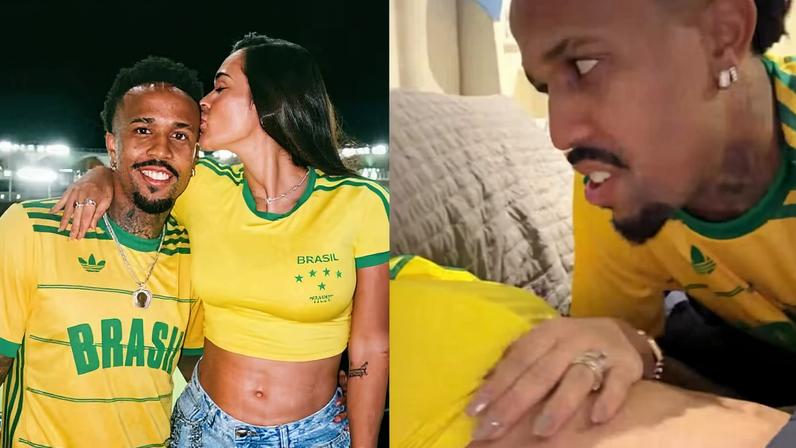 Eder Militão se surpreende com barulho de barriga de gravidez da esposa, Tainá Militão — Foto: Reprodução/Instagram
