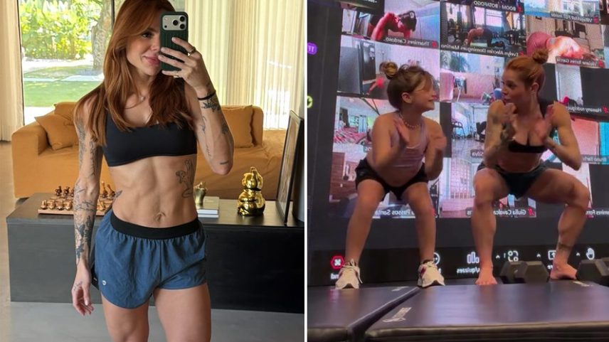 Thaís Vasconcellos treina com a filha que tem com Ferrugem e exibe tanquinho