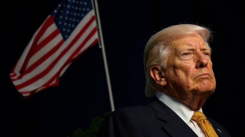 President Trump frowning slightly against a clear blue sky with an American flag out of focus behind him.