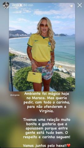 Postagem de Vinicius Jr. em defesa aos xingamentos que Virginia Fonseca sofreu no Maracanã • Reprodução/Instagram/@vinijr