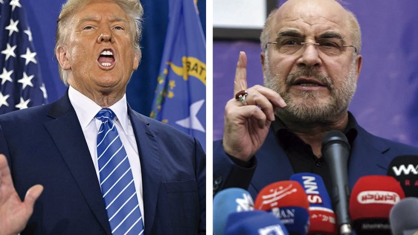 Retórica. O republicano canta loas, mas não tem nada de novo a oferecer. Mohammad Bagher Ghalibaf, presidente do Parlamento iraniano, mantém o tom – Imagem: Atta Kenare/AFP e David Becker/Getty Images/AFP