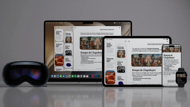 Óculos de realidade virtual preto com reflexos coloridos, um laptop, tablet, smartphone e smartwatch exibindo a mesma página sobre o Bosque de Chapultepec, com imagens e texto, em um fundo branco