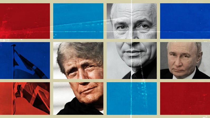 A stylized grid composition of twelve squares in a three-by-four layout, alternating with solid red and blue blocks, split photographic images, and flags. On the left, parts of a dark flag fly against a red and blue background. In the center columns, a close-up black-and-white portrait of a man's face is split horizontally across two squares, and a profile view of another man in a collared shirt looks to the right against a red backdrop. On the far right, a close-up black-and-white portrait shows a man looking directly forward.