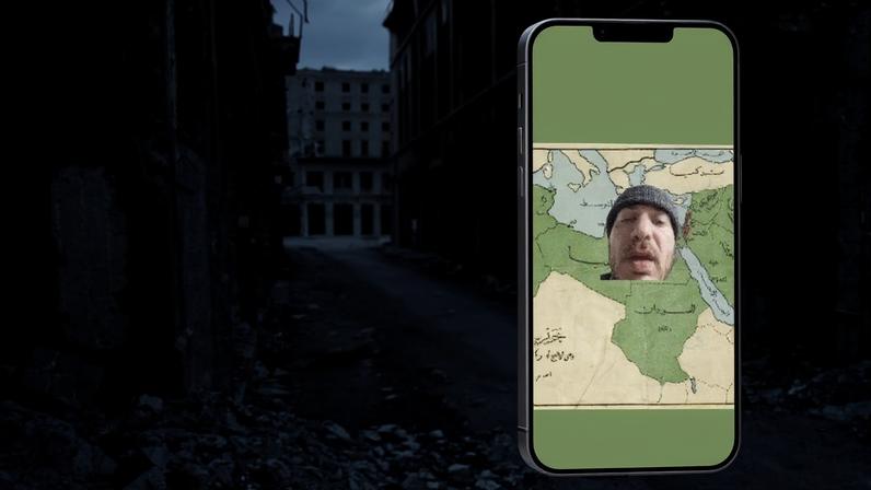 A screenshot from one of Hassan Akkad's videos atop an image of a damaged street in Homs, Syria.