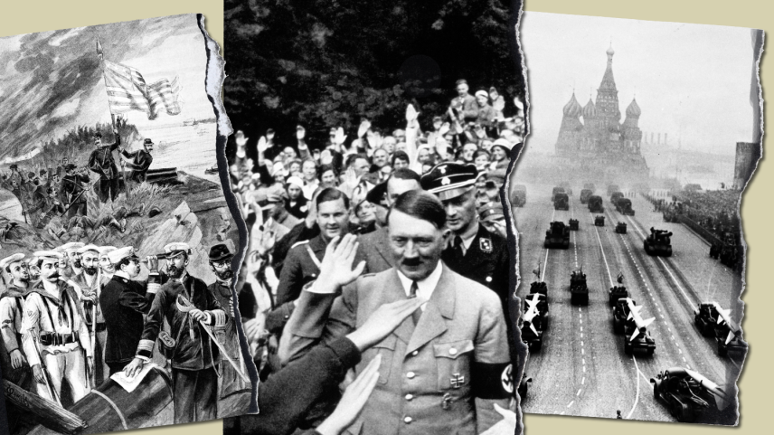 A collage of three black-and-white historical images with torn, vertical edges arranged side-by-side against a plain beige background. On the left: A torn section of a vintage illustration depicting military men in uniform on a battlefield. Some men stand near a large cannon in the foreground, while others in the background raise an American flag on a hill. In the center: A torn section of a historical photograph showing a man in a military-style suit and an armband with a symbol, raising his hand to greet a large, crowded audience of people who salute and wave. On the right: A torn section of a black-and-white photograph showing a massive military parade. Multiple rows of tanks and vehicles carrying missiles drive down a wide city street, heading away from a large, ornate cathedral with dome towers in the background.