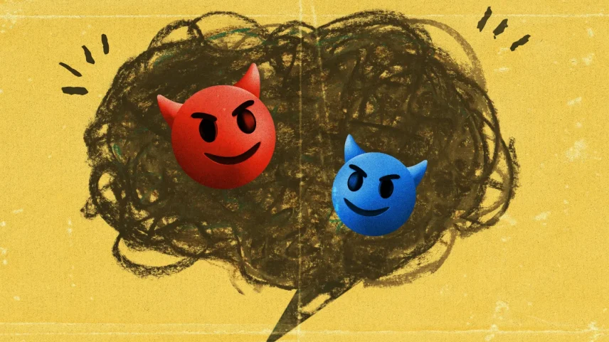 A digital illustration on a textured yellow background featuring a dark, messy scribble in the shape of a speech bubble. Inside the scribble are two 3D devil emojis—one large and red, one smaller and blue—both with mischievous grins and horns.