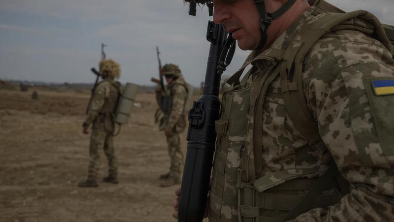 Soldiers in camouflage uniforms stand in an open, dry field under a partly cloudy sky. In the foreground, a close-up, cropped view shows a soldier from the side wearing tactical gear with a small yellow and blue flag patch on the sleeve. In the background, two more soldiers stand holding rifles, equipped with helmets and backpacks, looking across the field.