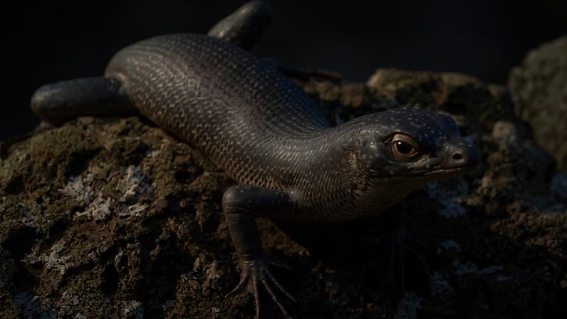 Lagarto de pele escura com escamas pontilhadas em preto e branco, corpo alongado e cauda curta, parado sobre uma rocha cinza-clara com musgo, olhando para a direita