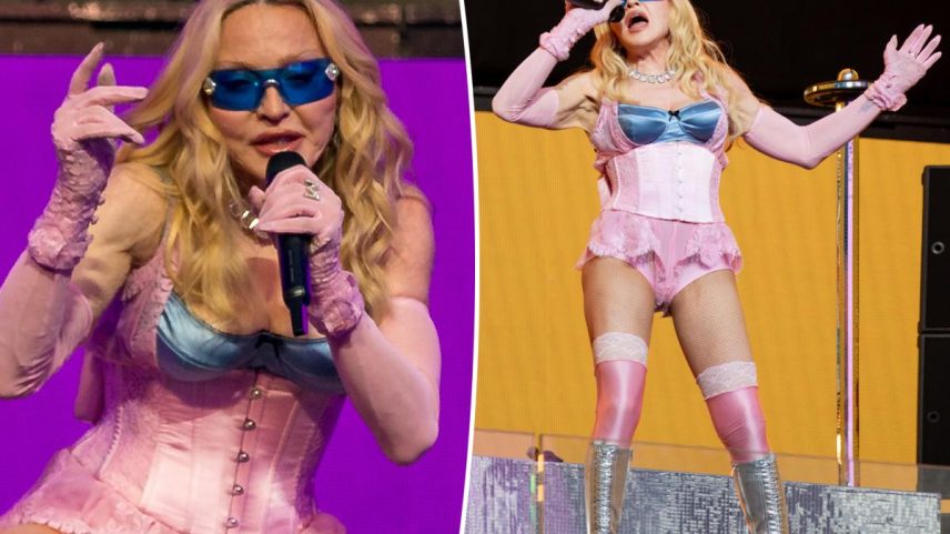 Madonna, 67, surpreende com corset rosa em show surpresa em Times Square