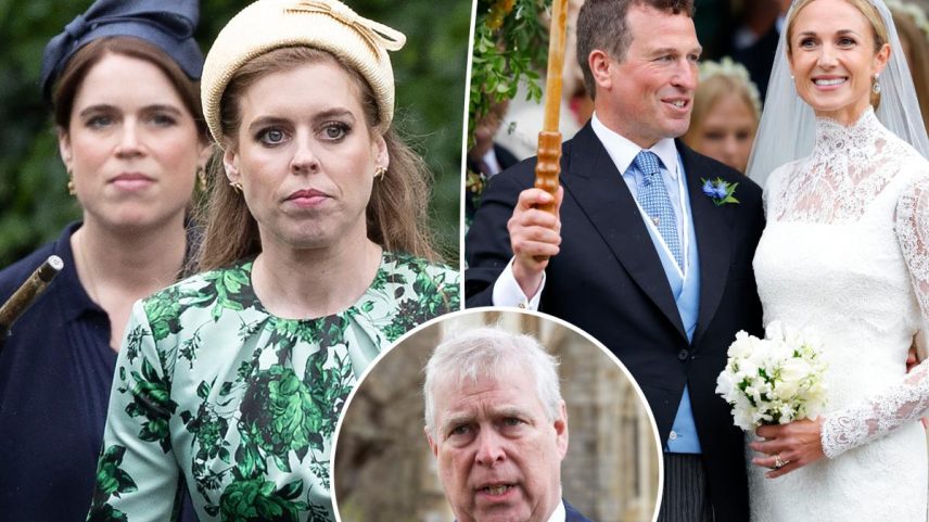 Princesses Beatrice and Eugenie, split with Peter Phillips and Harriet Sperling with an inset of former Prince Andrew.