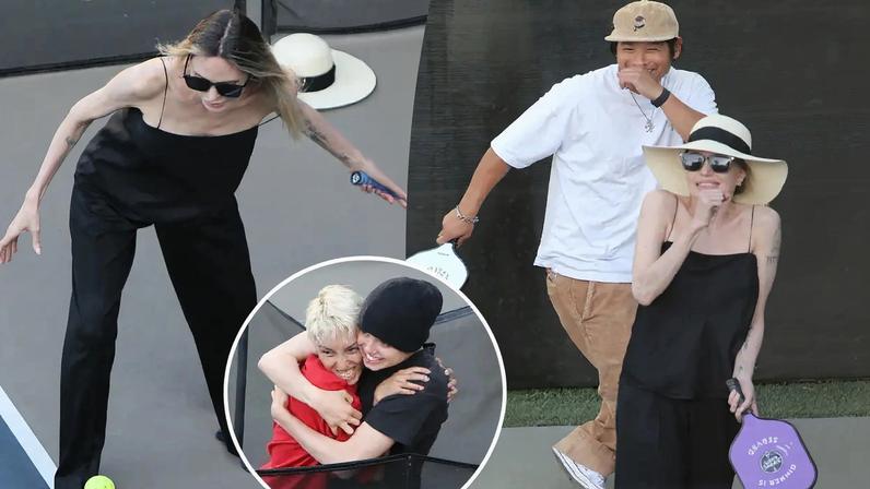 Collage of Angelina Jolie playing pickleball with family and friends.