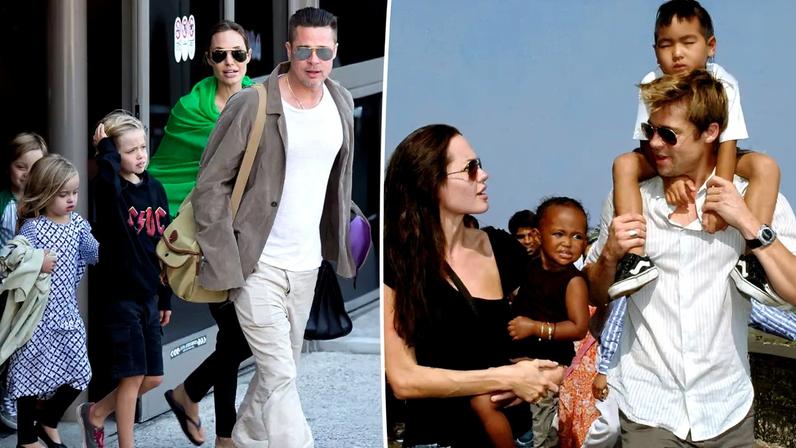 Angelina Jolie holding daughter Zahara, and Brad Pitt carrying son Maddox on his shoulders, on a street in Mumbai.