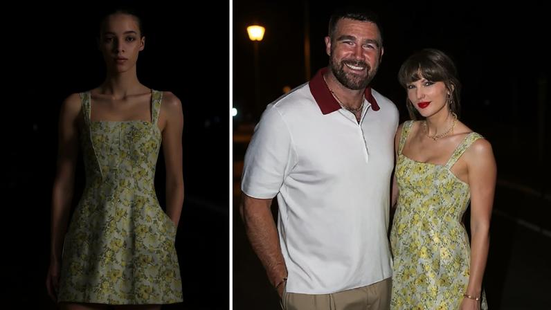 Taylor Swift rocked a yellow floral jacquard mini dress from Simkhai (as seen above) to support fiancé Travis Kelce’s Tight End University party.