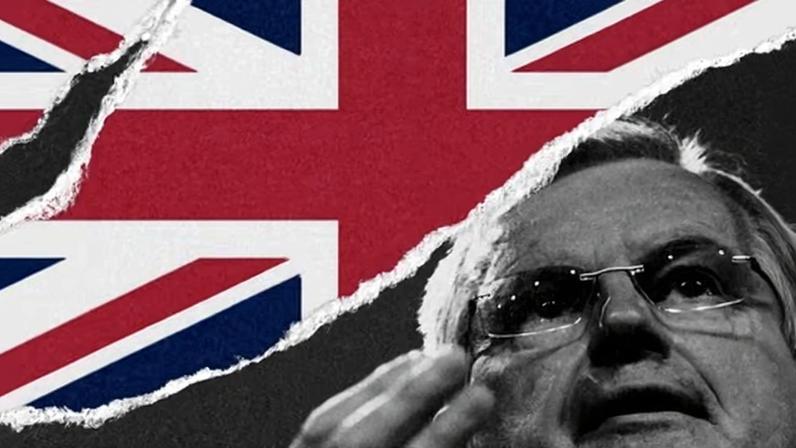Graphic of Michel Barnier and union flag