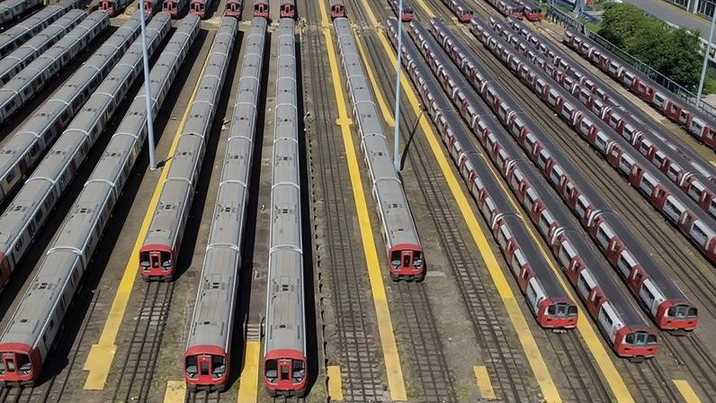 A drone view of tube trains parked up at the Neasden depot