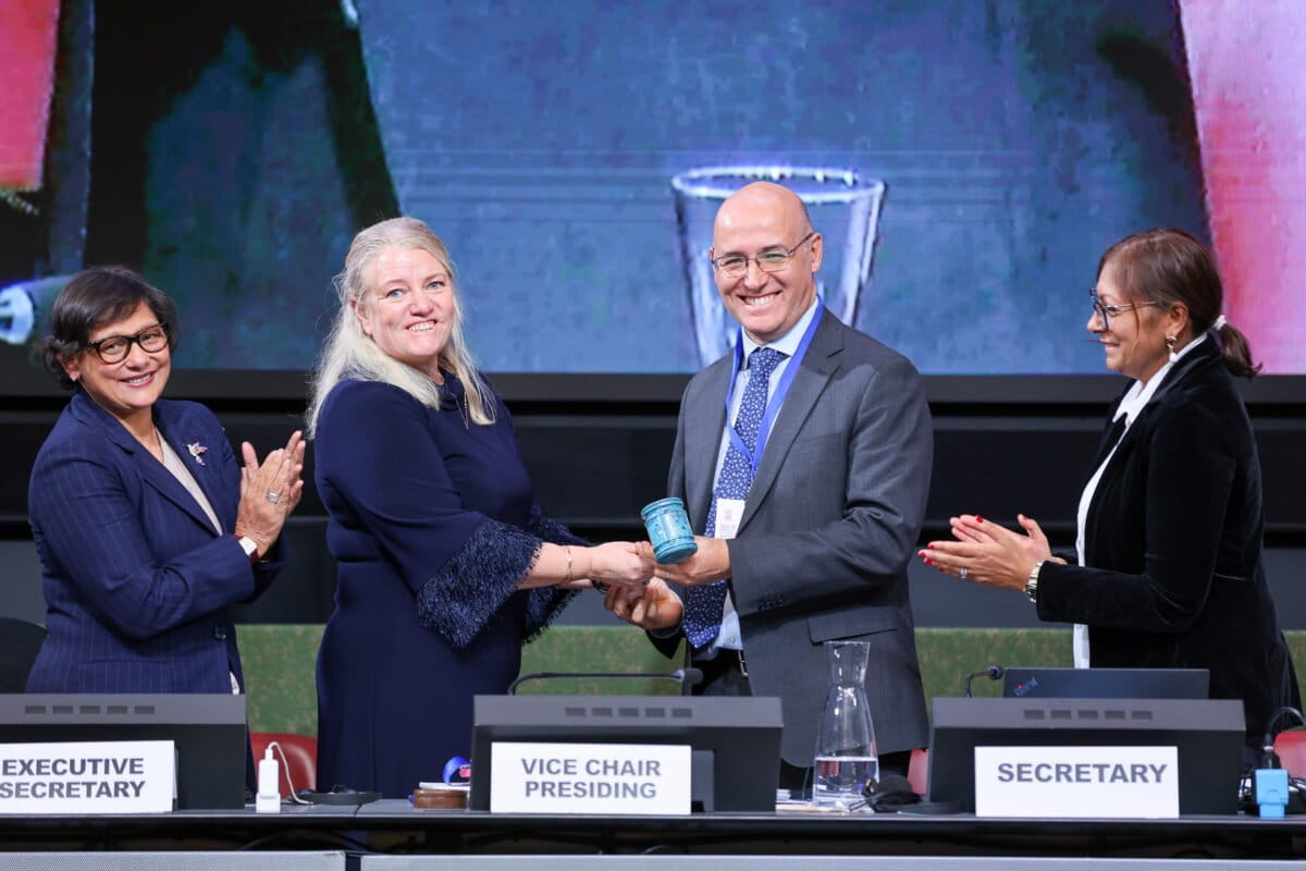INC Vice Chair Johanna Lissinger-Peitz, Sweden, passes the gavel to new INC Chair Julio Cordano, Chile, in February 2026.