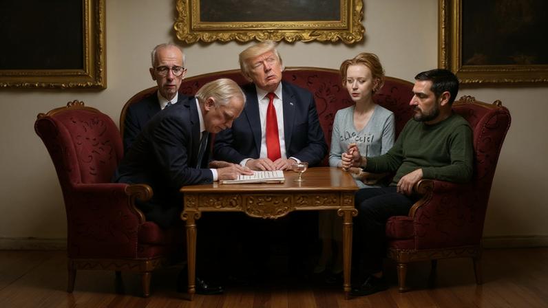 World leaders sat around a table. Putin looks frustrated, Zelesnky clicking his pen smugly, and Trump falling asleep
