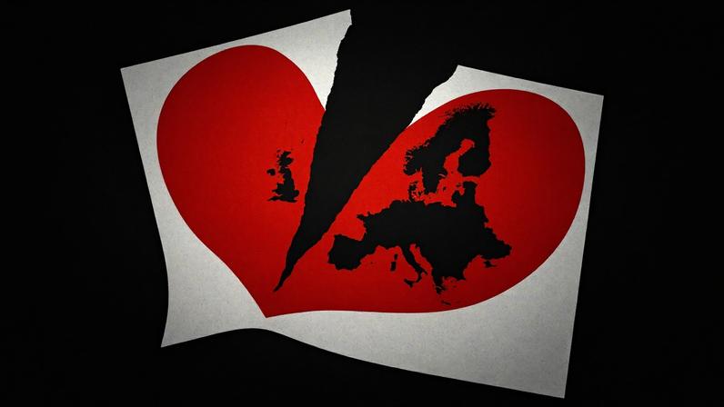Paper heart containing a map of Europe being torn in half. On the left is UK and on the right is the rest of Europe