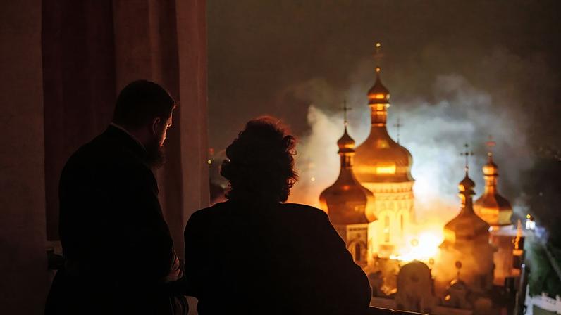 The Dormition Cathedral of Kyiv-Pechersk Lavra in flames after being hit by a Russian strike.