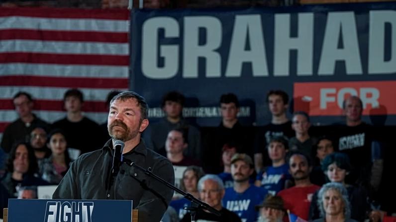 Graham Platner, Democratic candidate for US Senate in Maine, speaks during a ‘Fighting Oligarchy’ campaign rally in Portland, Maine, on 25 May 2026.