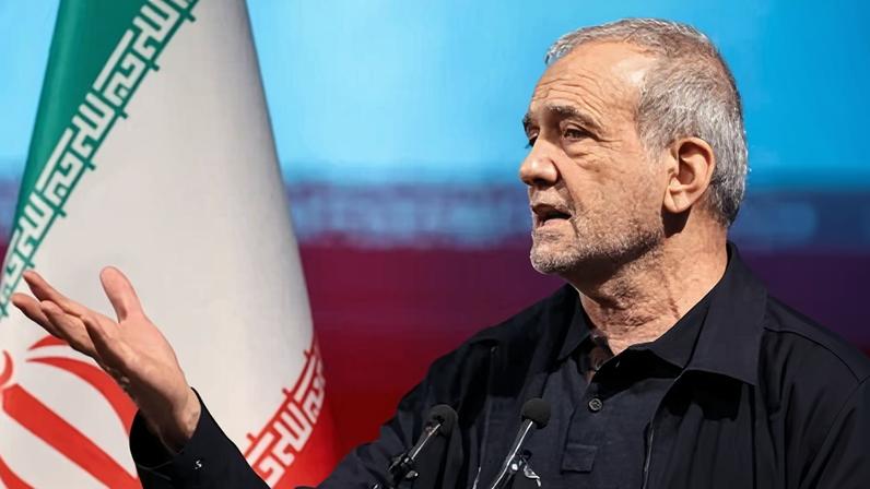Iran’s President Masoud Pezeshkian at a ceremony commemorating former supreme leader Ali Khamenei.