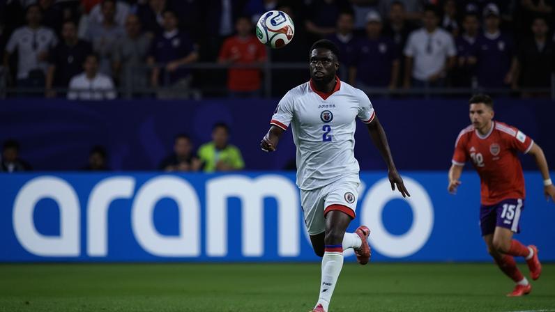 Carlens Arcus of Haiti keeps his eye on the ball in the World Cup Group C match against Scotland in Boston on 13 june.