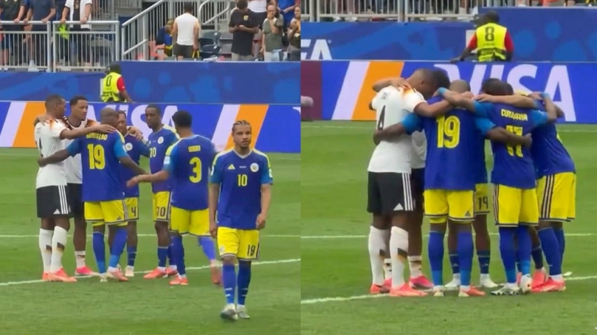 Jogadores da Alemanha e Curaçao se uniram em oração no campo. (Foto: Reprodução/X/Cleverly).