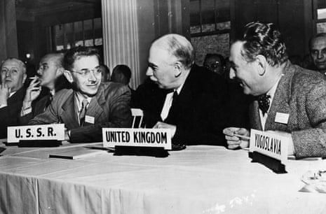 John Maynard Keynes (centre) at the UN international monetary and financial conference in New Hampshire, US, in July 1944.