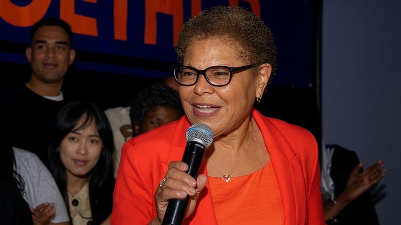 Karen Bass speaks after securing a spot in November’s election for LA mayor.