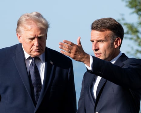French president Emmanuel Macron greets US president Donald Trump at the G7 summit, in Evian, France, on Monday 15 June, 2026.