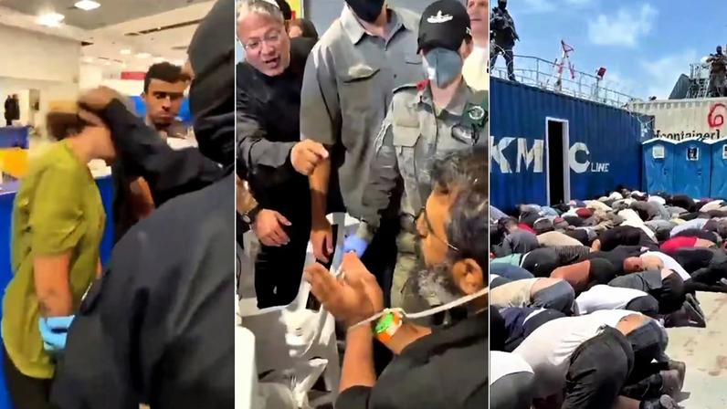 Imágenes sacadas de algunos de los vídeos que muestran el trato recibido por los activistas detenidos por Israel.