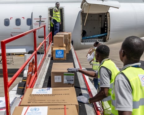 Ground crew at at Jomo Kenyatta international airport in Nairobi load medical supplies into a UN Humanitarian Air Service plane.