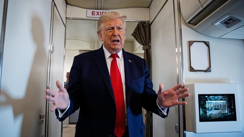 Donald Trump speaks with reporters while onboard Air Force One on 5 June en route to Chippewa Falls, Wisconsin.