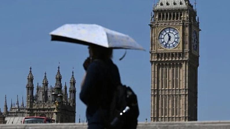 A person using an umbrella as a sunshade in front of the houses of parliament