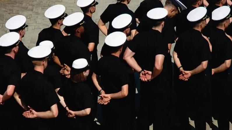 Midshipmen in formation at the US Naval Academy in Annapolis, Maryland.