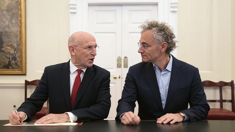 UK defence secretary John Healey, left, and Palantir CEO Alex Karp sign a £1.5bn investment partnership last September.