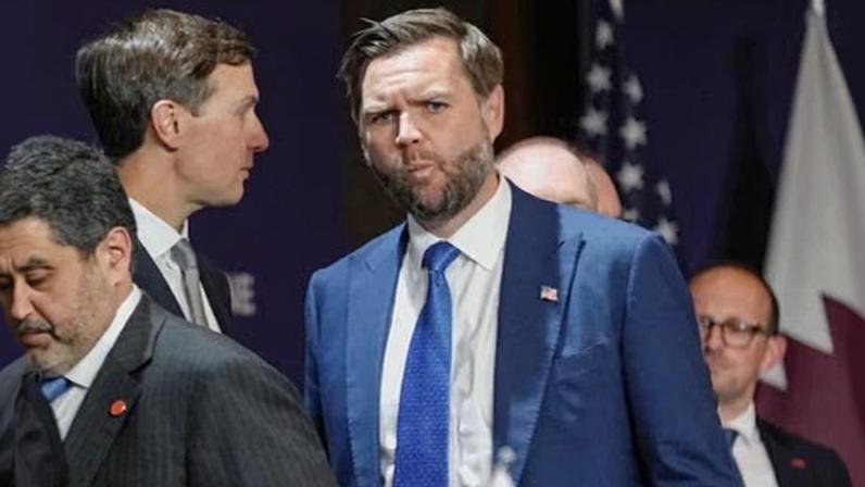 US vice-president JD Vance (C) listens to Donald Trump's son-in-law Jared Kushner (L) as they attend US-Iran talks mediated by Pakistan and Qatar at the Buergenstock resort in Switzerland on Sunday. Follow latest updates on the Middle East crisis, live.