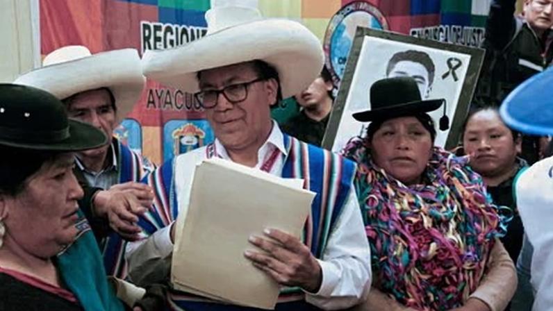 Roberto Sánchez, a leftwing congressman, on the campaign trail in Juliaca near Lake Titicaca in Peru. Polls give him a tiny lead in the race to be president.